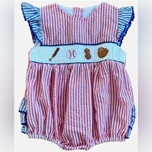 Sweet Magnolia Smocks Red Blue Seersucker Smocked Baseball Romper Bubble 12M